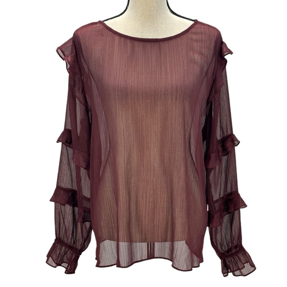 ON-34th Long Tiered Ruffle Sleeve Sheer Blouse - Maroon Red - size XL